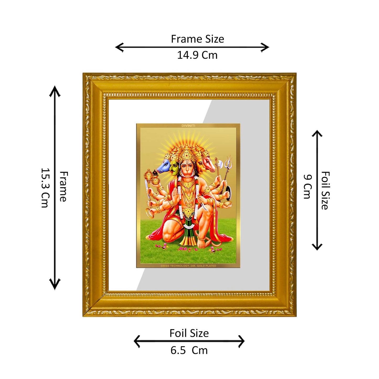 DIVINITI 24K Gold Plated Foil Panchmukhi Hanuman Wall Photo Frame Religious Photo Frame Idol for Home & Office Decor Prayer, Gifts Items DG 101 Size 1 (15.3x14.9 CM)