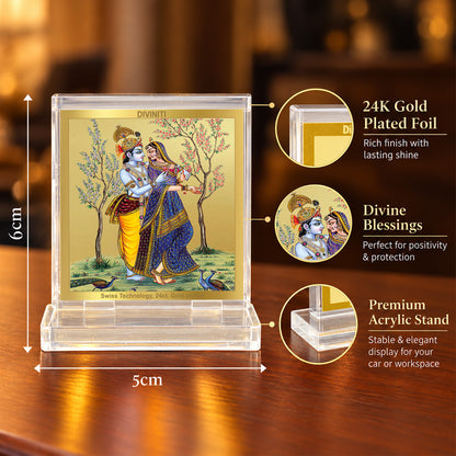 24K Gold-Plated Radha Krishna with Peacock Acrylic Car Dashboard Frame | 6x5 CM