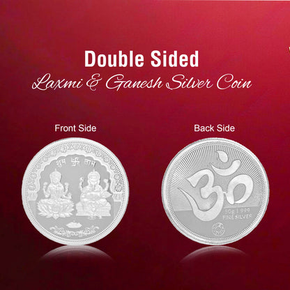 DIVINITI Pure Silver Coin Laxmi Ganesh & Swastik Symbol of Prosperity and Blessings for Home & Office Décor, Puja Room Diwali Gift (50g)