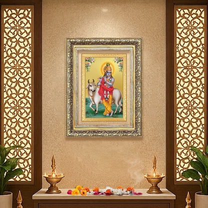Diviniti 24K Gold Plated Krishna With Surbhi Cow (Classic) Divine Wall Frame for Home Mandir & Office Decor | Luxury Spiritual Gift