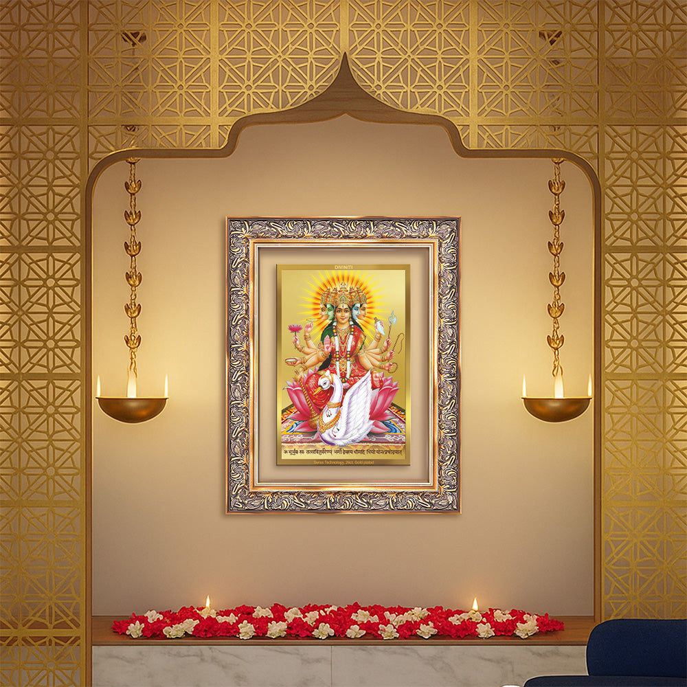 Diviniti 24K Gold Plated Gayatri Maa (Classic) Divine Wall Frame for Home Mandir & Office Decor | Luxury Spiritual Gift