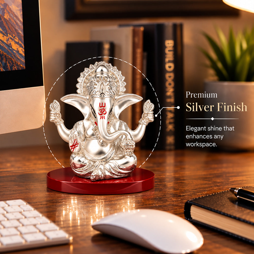 DIVINITI 999 Silver-Plated 4-Hand Ganesha Idol | Car & Home Décor | Gift Box | 8x8 CM