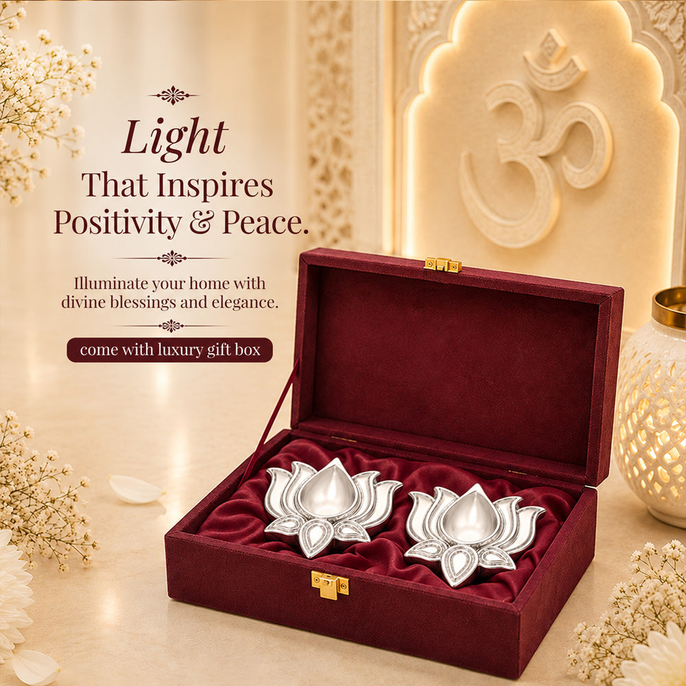 999 Silver-Plated Lotus Diya Pair | Premium Gift Box | 8x8 CM