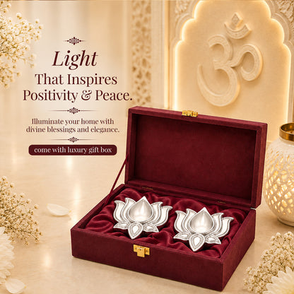 999 Silver-Plated Lotus Diya Pair | Premium Gift Box | 8x8 CM