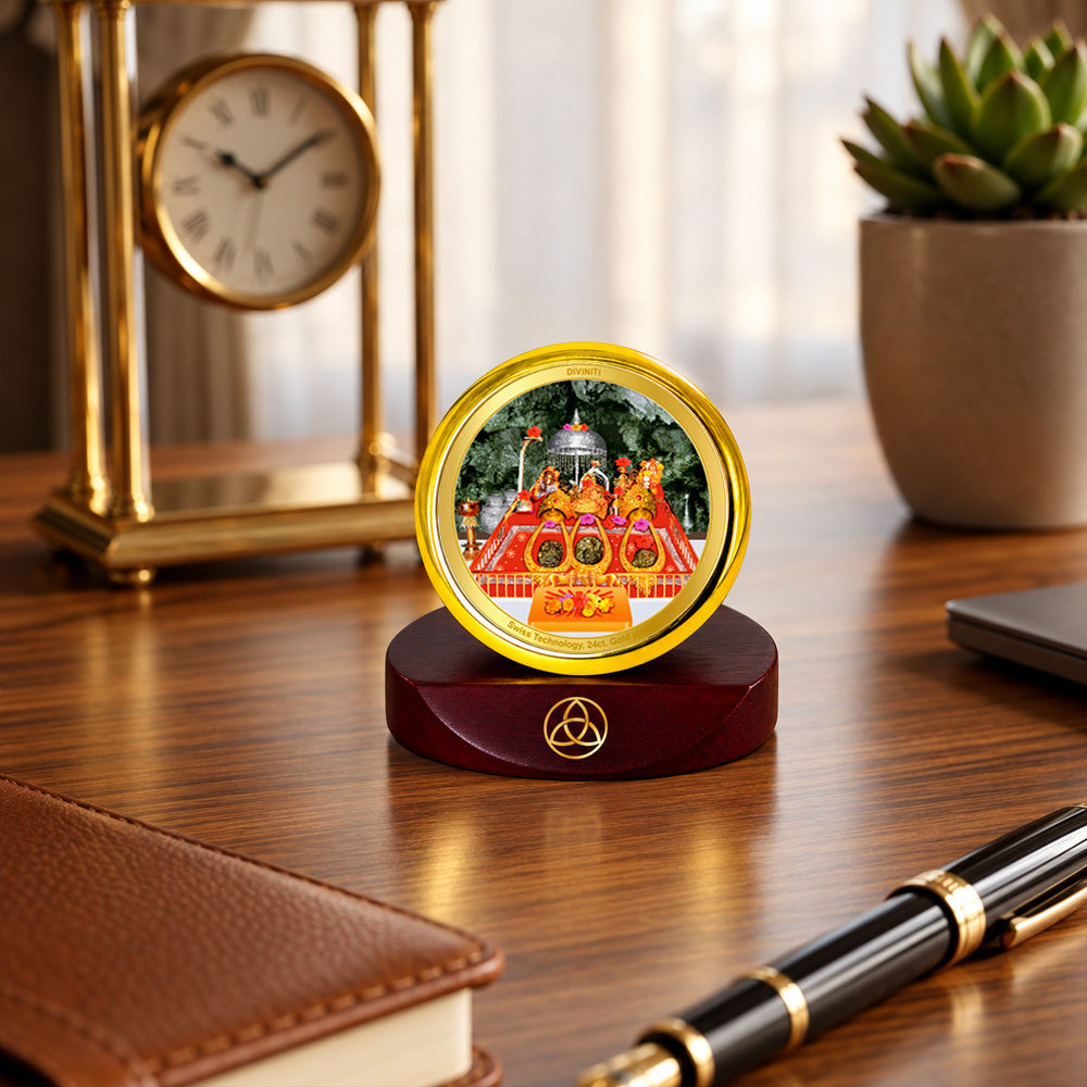 24K Gold-Plated Vaishno Devi Mata Darbar Car Dashboard Frame | 5x5 CM