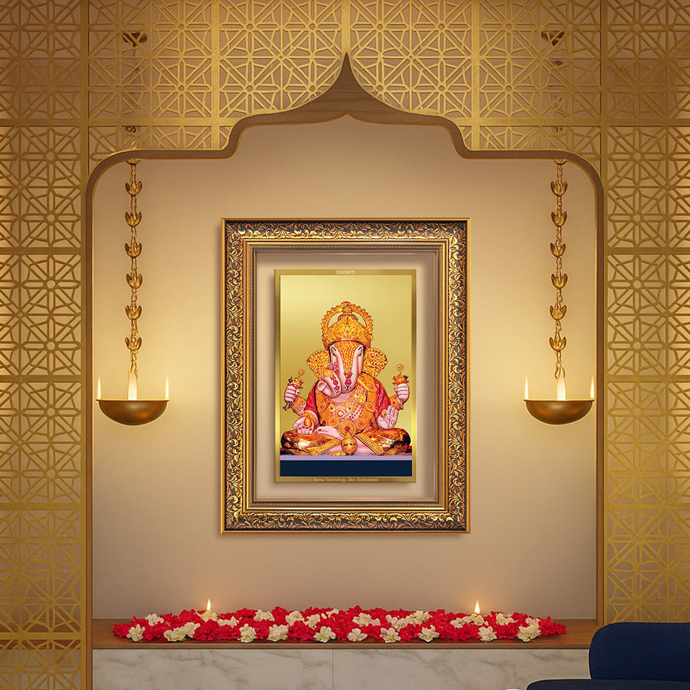 Diviniti 24K Gold Plated Dagadu Ganesha (Classic) Divine Wall Frame for Home Mandir & Office Decor | Luxury Spiritual Gift