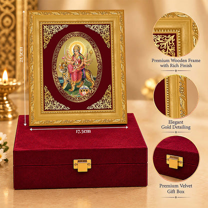24K Gold-Plated Sherawali Mata with Pind Frame | Premium Gift Box | 21.5x17.5 CM