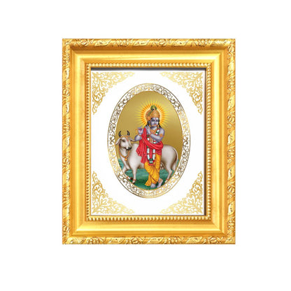Lord Krishna with Kamdhenu (Surabhi Cow) Divine Abundance & Blessings Royal Tabletop Frame in 24K Gold Plated Foil