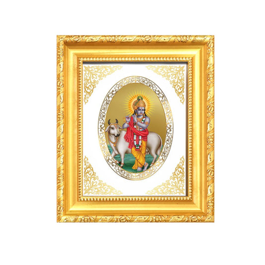 Lord Krishna with Kamdhenu (Surabhi Cow) Divine Abundance & Blessings Royal Tabletop Frame in 24K Gold Plated Foil