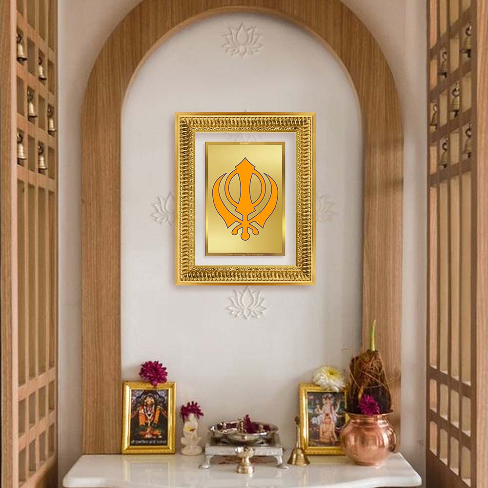 Diviniti 24K Gold Plated Khanda Sahib (Classic) Divine Wall Frame for Home Mandir & Office Decor | Luxury Spiritual Gift