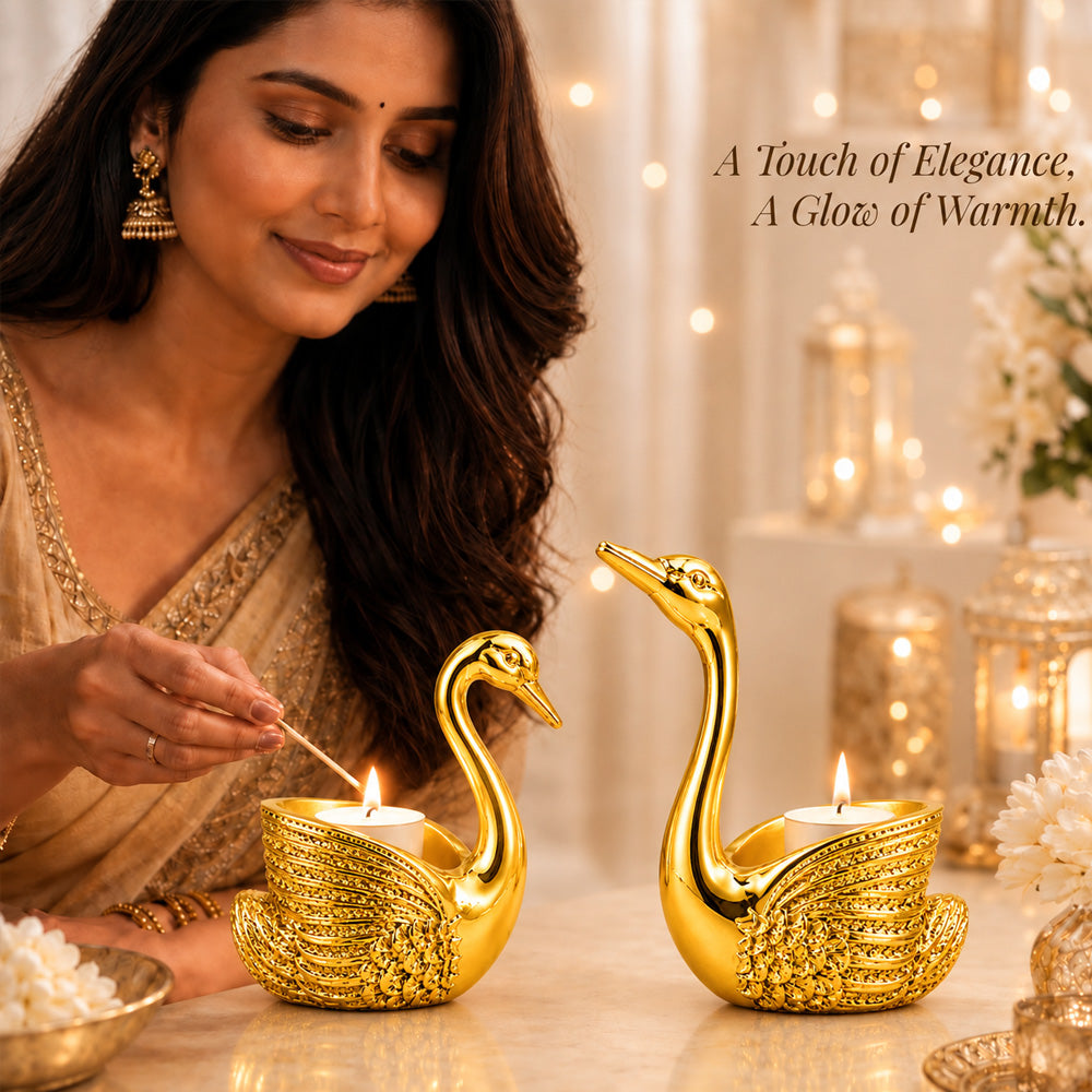 999 Gold-Plated Swan Candle Stand Pair | Premium Gift Box | 12x10 CM