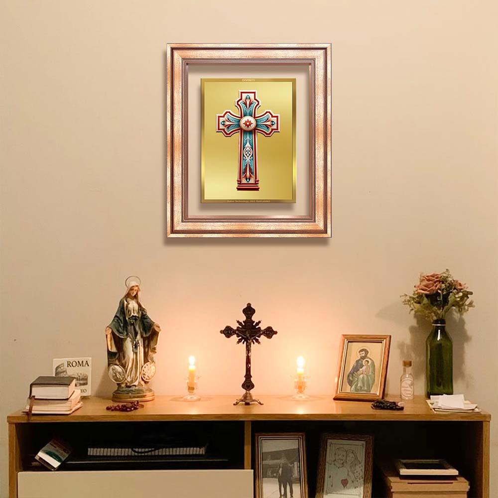 Diviniti 24K Gold Plated Holy Cross (Classic) Divine Wall Frame for Home Mandir & Office Decor | Luxury Spiritual Gift