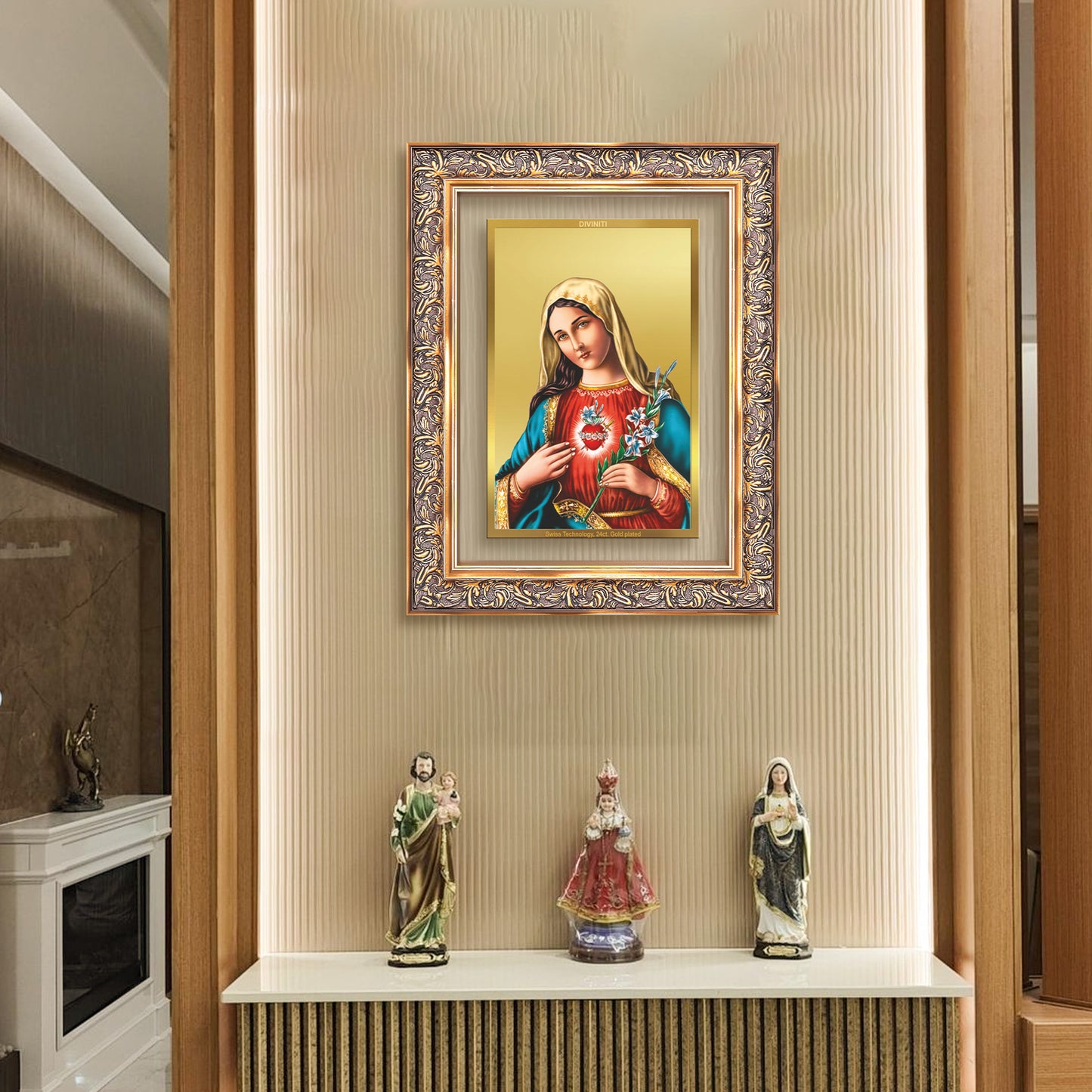 Diviniti 24K Gold Plated Mother Mary (Classic) Divine Wall Frame for Home Mandir & Office Decor | Luxury Spiritual Gift