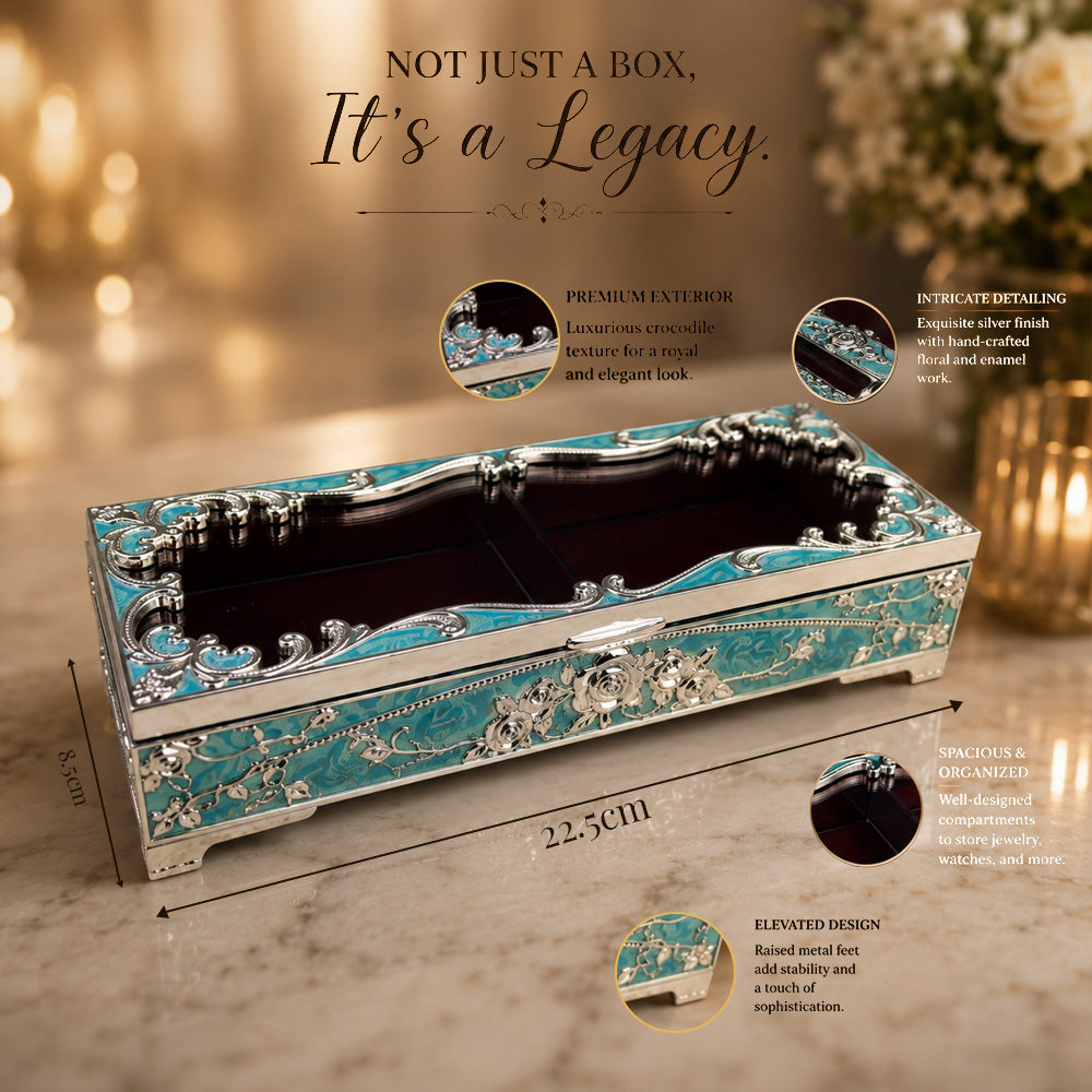 Diviniti German Silver Decorative 2-in-1 Box | Premium Turquoise Wedding & Festive Gift Box