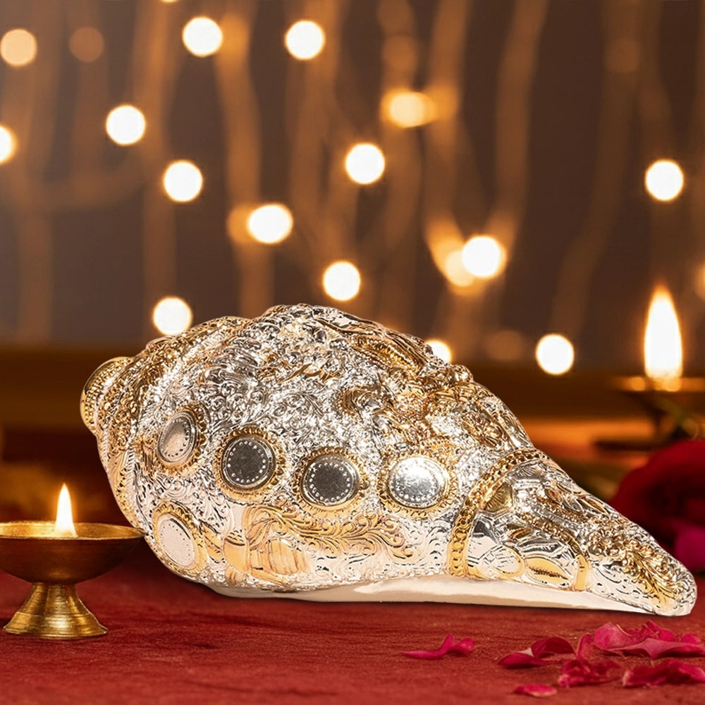 Divine 24K Gold & Silver Plated Embossed Shankh with Intricate God Figurine | Ornate Spiritual Conch for Temple & Home Décor