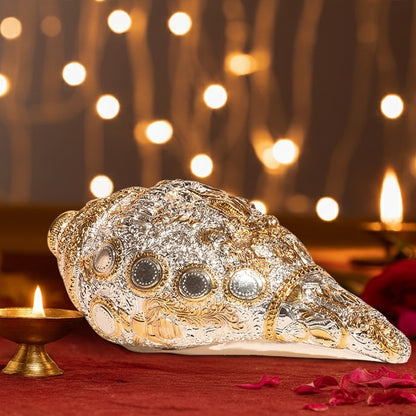 Divine 24K Gold & Silver Plated Embossed Shankh with Intricate God Figurine | Ornate Spiritual Conch for Temple & Home Décor