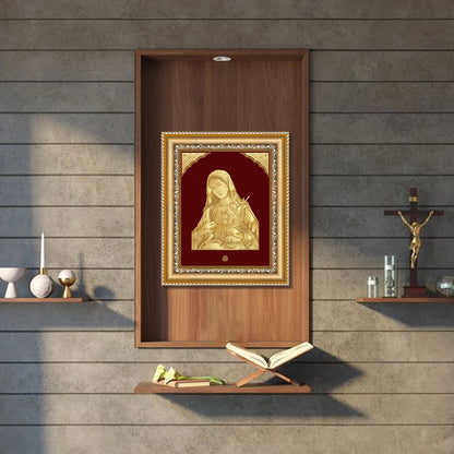 Mother Mary Photo frame in a gold wall hanging, elegantly displayed in a wooden shelf with spiritual decor.