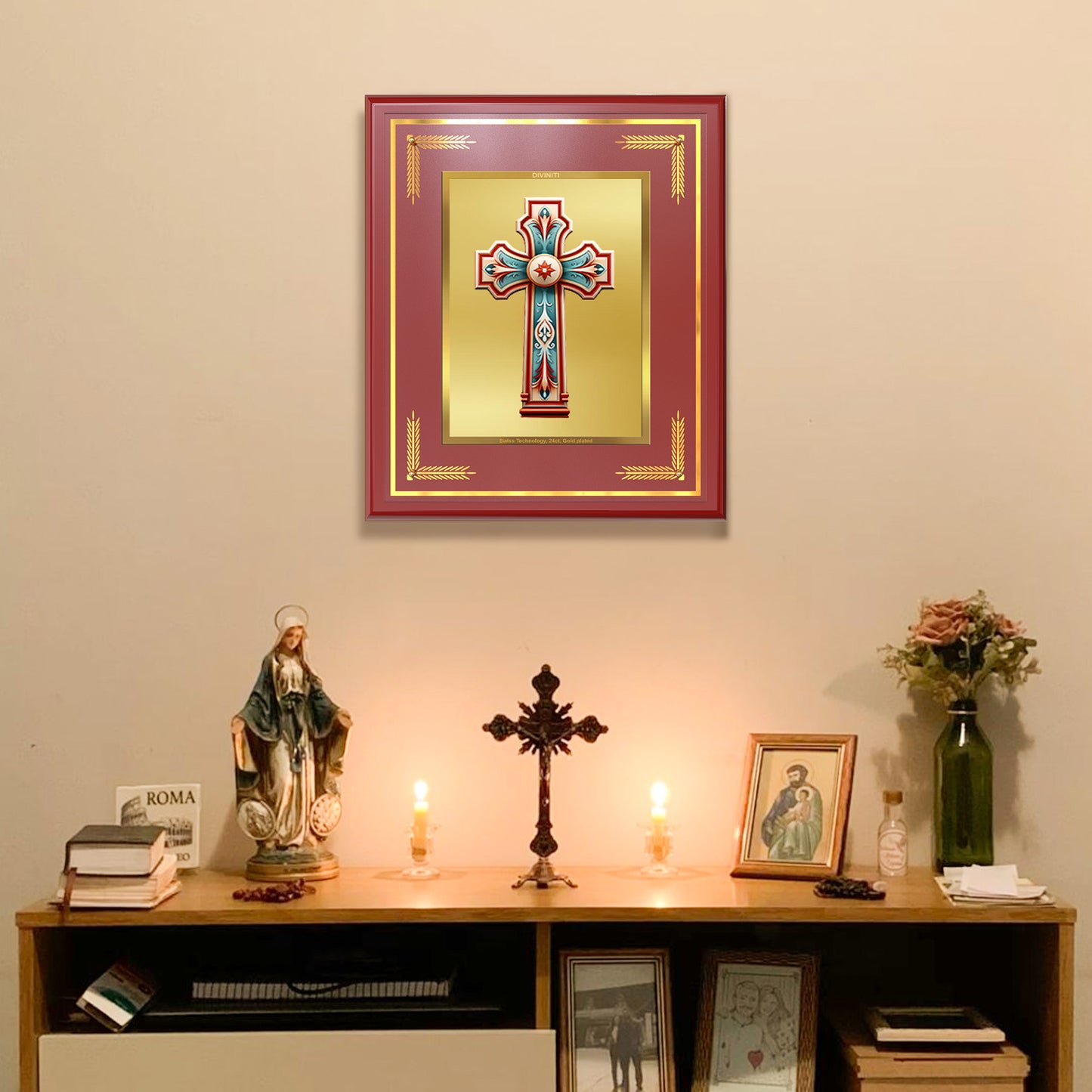 Diviniti Holy Cross Wall Photo Frame in 24K Gold Plated Foil | Faith, Hope & Divine Protection