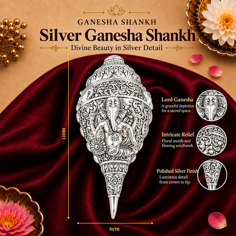 999 Silver-Plated Ganesha Shankh | Premium Gift Box | 12x6 CM