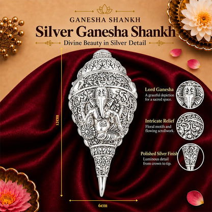 999 Silver-Plated Ganesha Shankh | Premium Gift Box | 12x6 CM