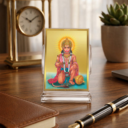 24K Gold-Plated Lord Hanuman Acrylic Car Dashboard Frame | 11x7 CM