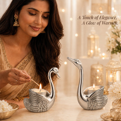 Diviniti 999 Silver Plated Swan Pair Diya Set with Luxury Gift Box | Antique Finish Home Décor