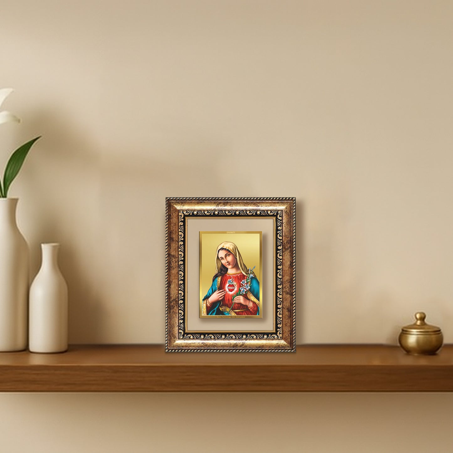 Diviniti 24K Gold Plated Mother Mary Divine Table Top Frame for Home Mandir & Office Decor | Luxury Spiritual Gift