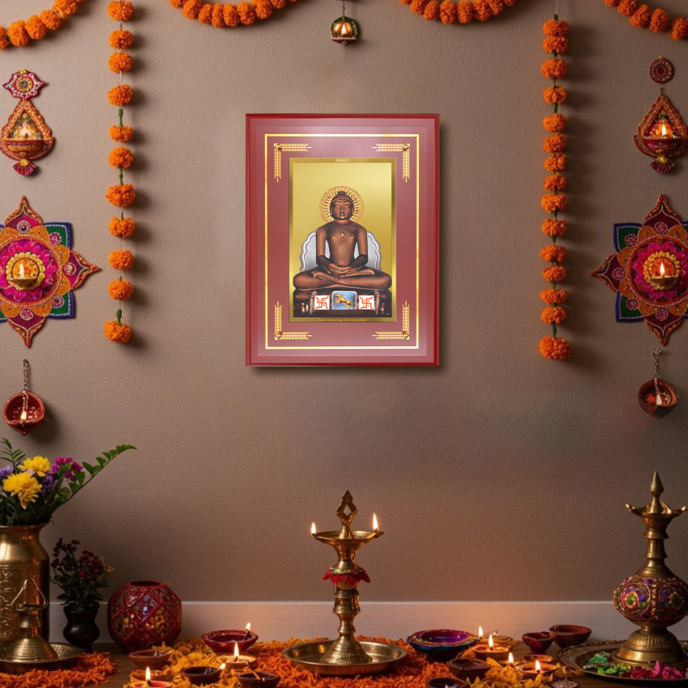 Diviniti 24K Gold Plated Lord Mahavir Blessing Tabletop Photo Frame | Peace, Non-Violence & Spiritual Grace