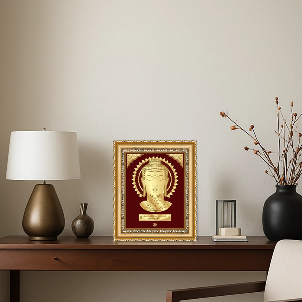 Buddha Gold on Gold Wall Hanging Frame in 24k gold plated displayed on wooden shelf