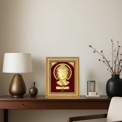 Buddha Gold on Gold Wall Hanging Frame in 24k gold plated displayed on wooden shelf