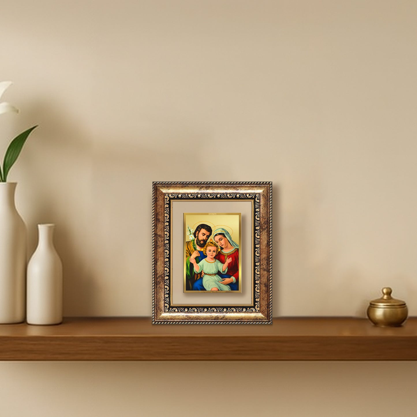 Diviniti 24K Gold Plated Holy Family Divine Table Top Frame for Home Mandir & Office Decor | Luxury Spiritual Gift