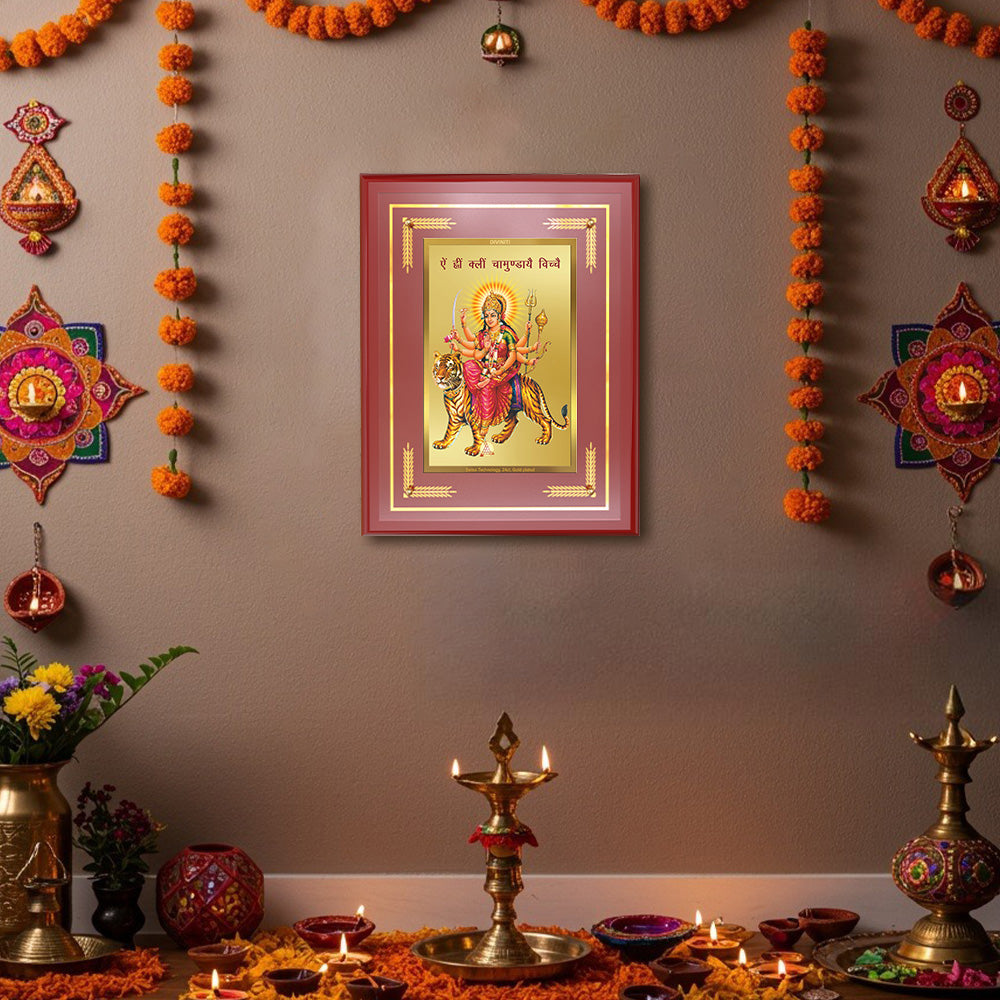Diviniti 24K Gold Plated Durga Mata with Mantra Blessing Tabletop Photo Frame | Strength, Protection & Divine Grace