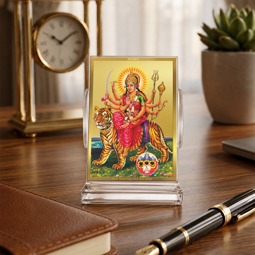 24K Gold-Plated Sherawali Mata with Pindi Acrylic Car Dashboard Frame | 11x7 CM