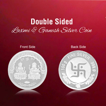 Pure Silver Coin Laxmi Ganesh & Swastik Symbol of Prosperity and Blessings for Home & Office Décor, Puja Room Diwali Gift (100g)