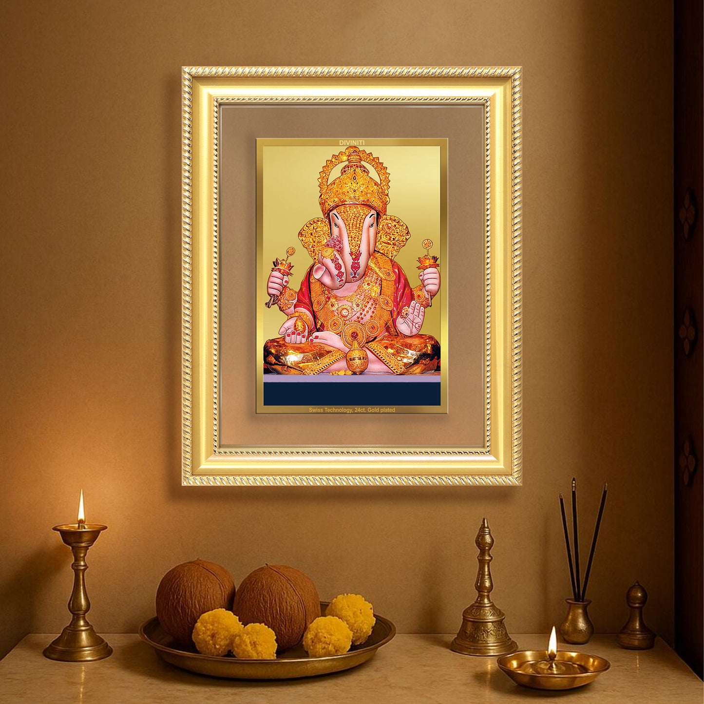 Diviniti 24K Gold Plated Dagadu Ganesha (Classic) Divine Wall Frame for Home Mandir & Office Decor | Luxury Spiritual Gift
