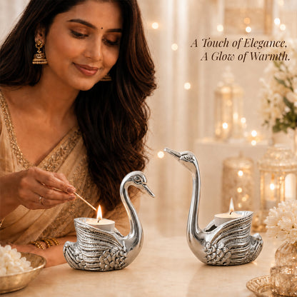 999 Silver-Plated Antique Swan Candle Stand Pair | Premium Gift Box | 12x10 CM