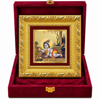24K Gold-Plated Bal Krishna Laddu Gopal Frame | Premium Gift Box | 10x10 CM