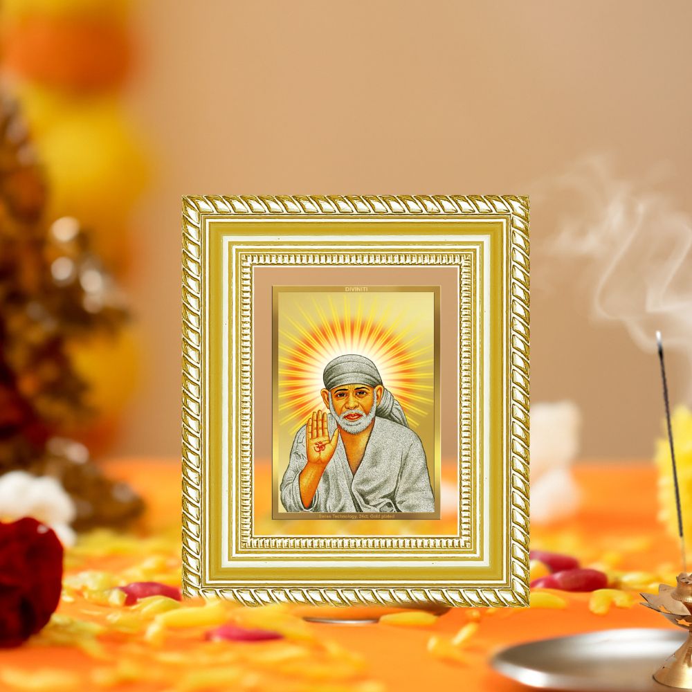Diviniti 24K Gold Plated Sai Baba With Blessings Divine Table Top Frame for Home Mandir & Office Decor | Luxury Spiritual Gift