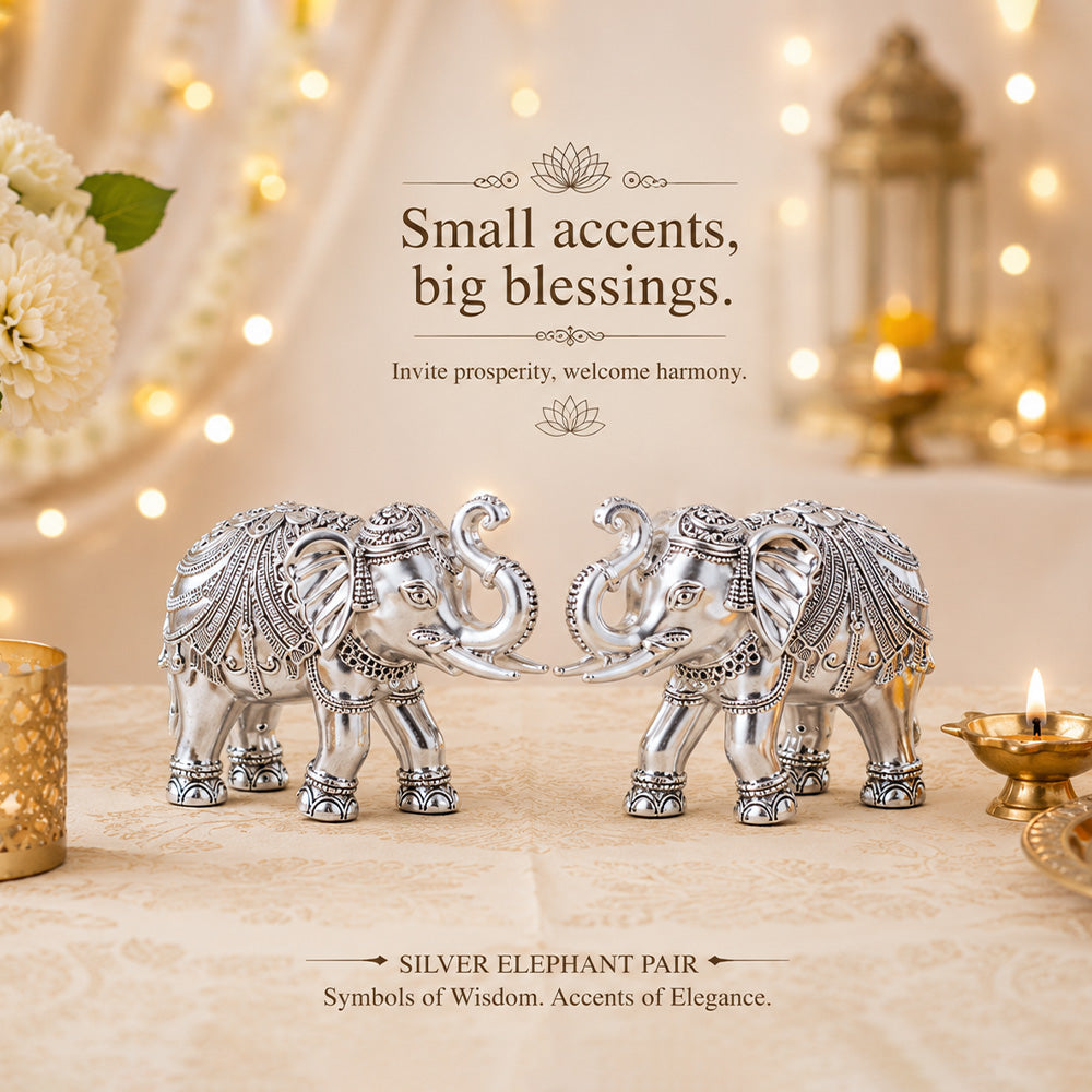 Diviniti 999 Silver Plated Antique Elephant Pair Showpiece for Home Décor With Gift Box