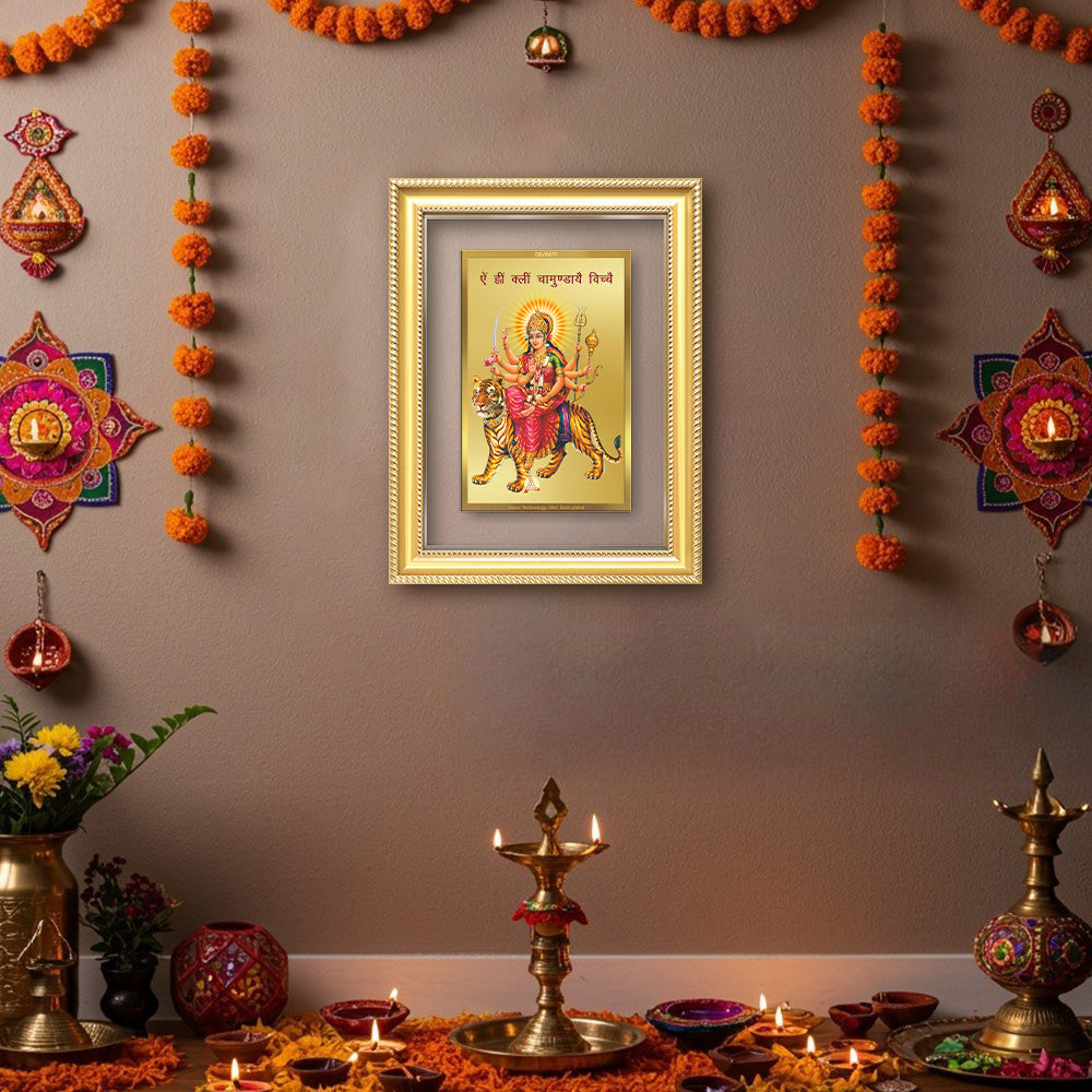 Diviniti 24K Gold Plated Durga With Mantra (Classic) Divine Wall Frame for Home Mandir & Office Decor | Luxury Spiritual Gift