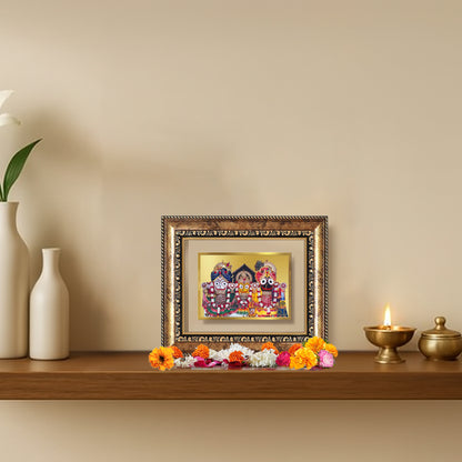 Diviniti 24K Gold Plated Jagannath Subhadra Balabhadra Divine Table Top Frame for Home Mandir & Office Decor | Luxury Spiritual Gift