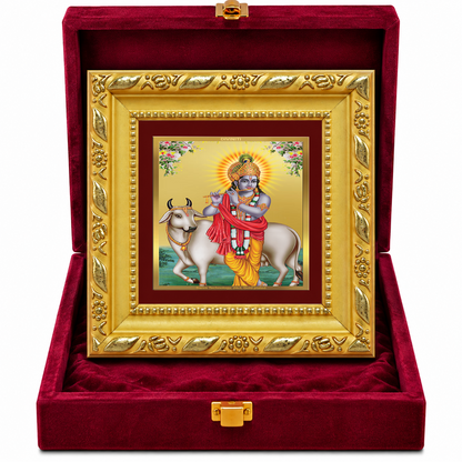 24K Gold-Plated Lord Krishna with Cow Frame | Premium Gift Box | 10x10 CM