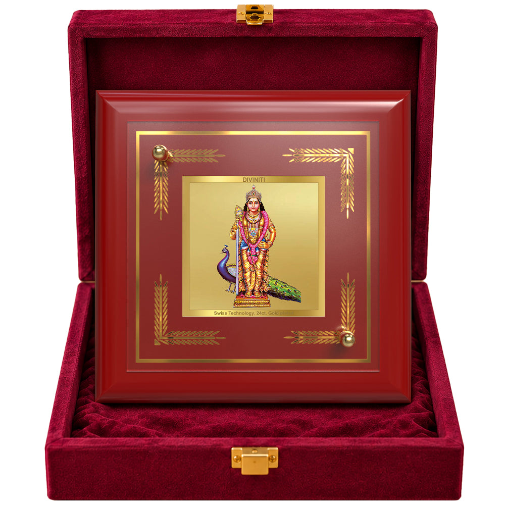 24K Gold-Plated Lord Murugan MDF Frame | Premium Gift Box | 10x10 CM