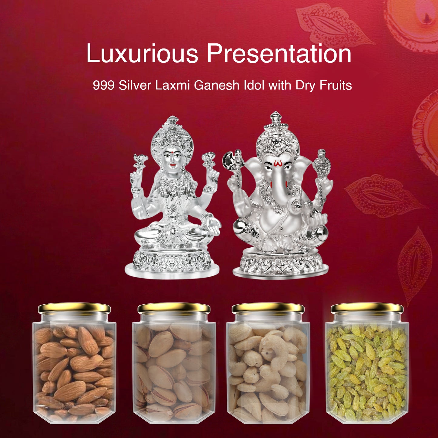 DIVINITI 999 Silver Plated Laxmi Ganesh Idol Statue for Home and Office Décor Puja Room & Luxurious Box Dry Fruits Bottle for Diwali Gift
