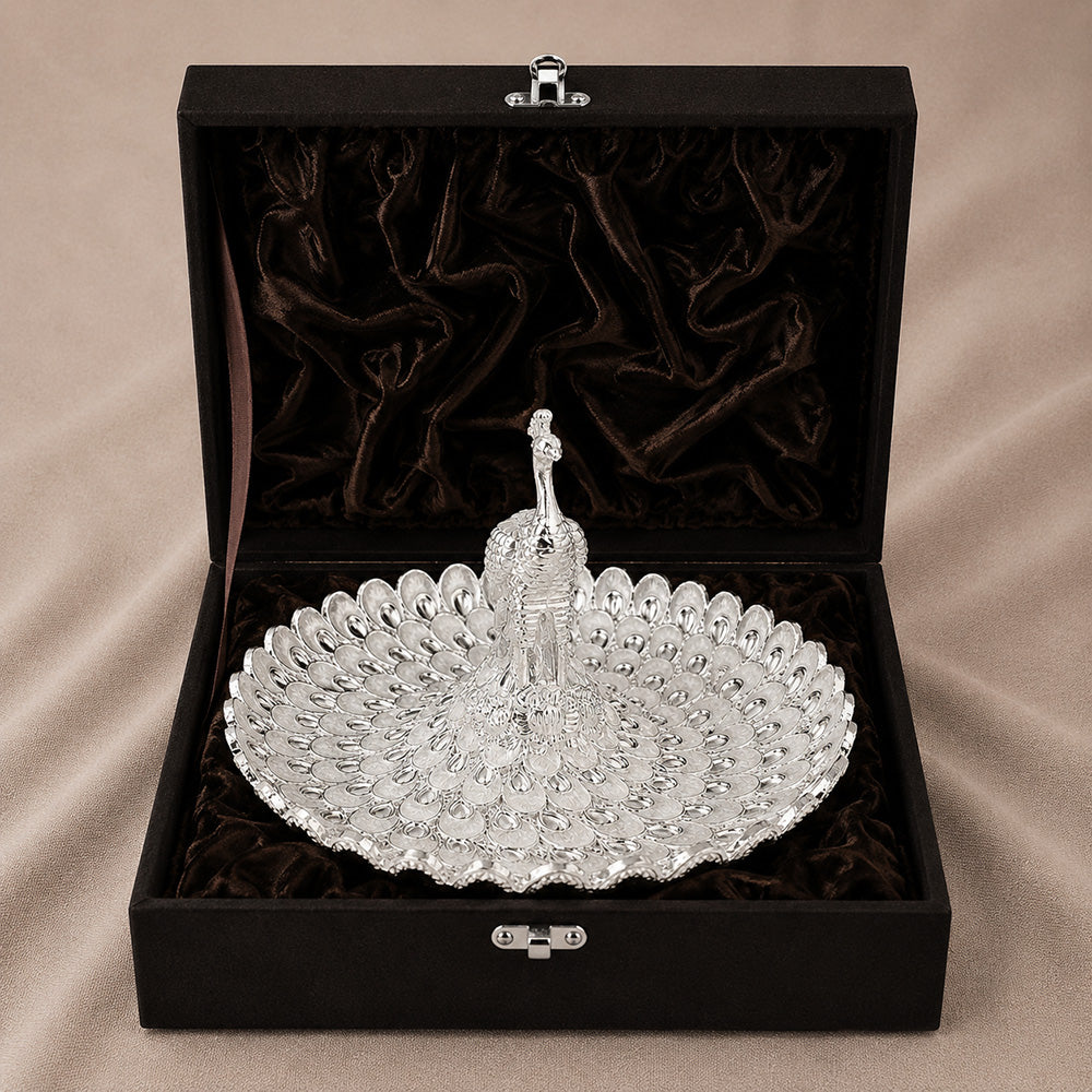 Diviniti Silver Peacock German Silver Platter beautifully displayed in a luxurious gift box.