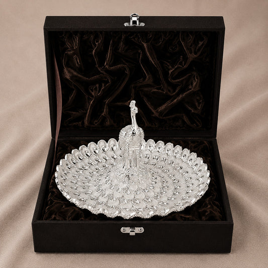 Diviniti Silver Peacock German Silver Platter beautifully displayed in a luxurious gift box.