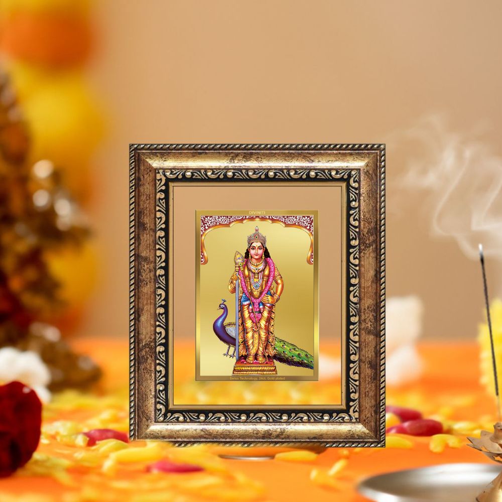 Diviniti 24K Gold Plated Murugan Divine Table Top Frame for Home Mandir & Office Decor | Luxury Spiritual Gift