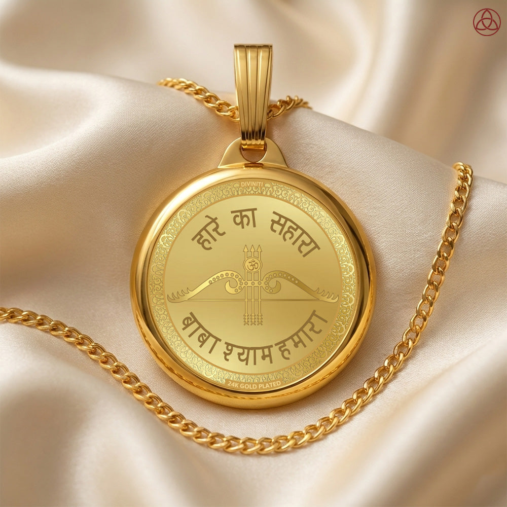 Diviniti 24K Gold Plated Khatu Shyam Ji & Sacred Mantra Pendant – 18mm Double-Sided Spiritual Pendant