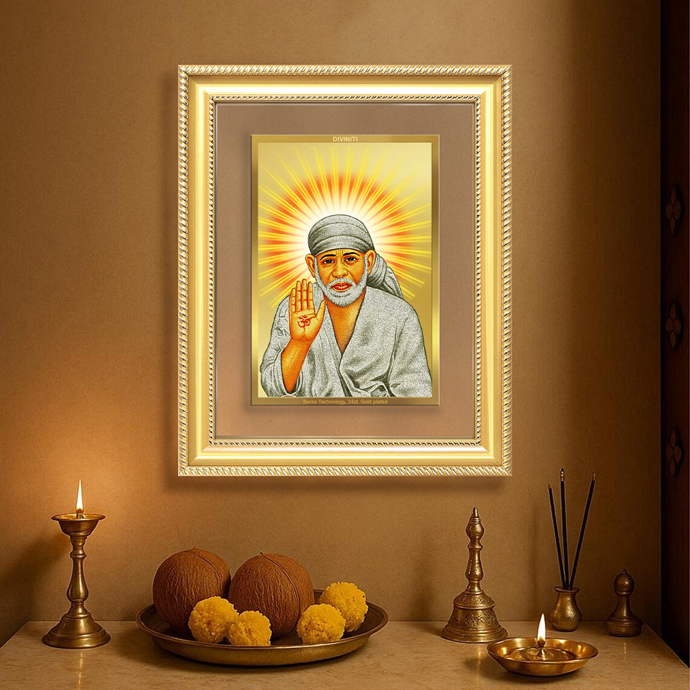 Diviniti 24K Gold Plated Sai Baba With Blessings (Classic) Divine Wall Frame for Home Mandir & Office Decor | Luxury Spiritual Gift