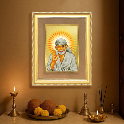 Diviniti 24K Gold Plated Sai Baba With Blessings (Classic) Divine Wall Frame for Home Mandir & Office Decor | Luxury Spiritual Gift